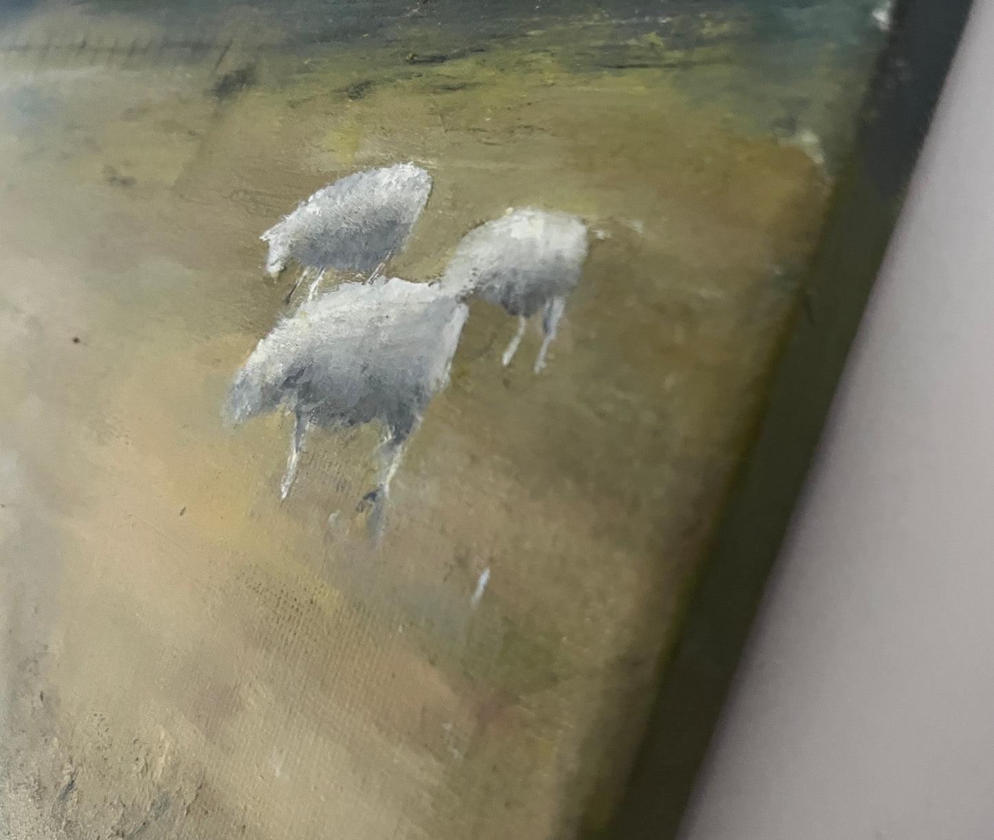 meadow painting of sheep and mountains in landscape oil on canvas art