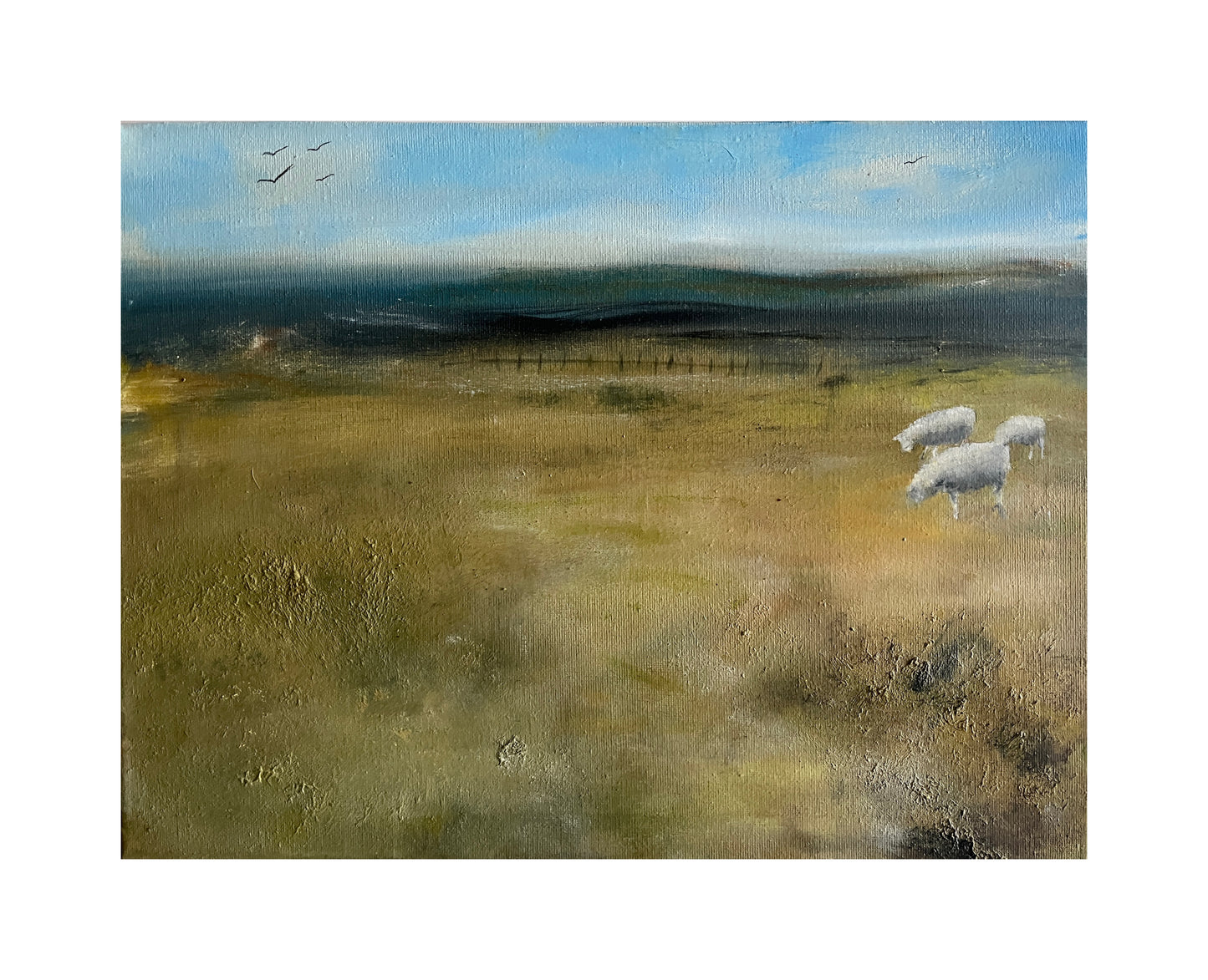 meadow painting of sheep and mountains in landscape oil on canvas art