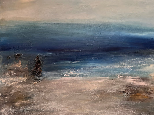 aart oil on canvas board seascape ocean artwotk modern painting of island and waves and beach sunset unframed cavas art large painting with dark blue waves and neutral beach tones mixed media art ready to hang