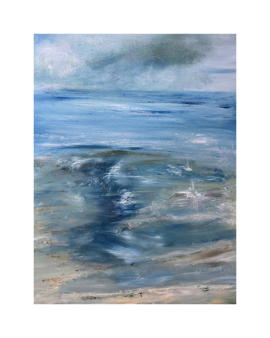 aart oil on canvas board seascape ocean artwotk modern painting of island and waves and beach sunset unframed cavas art large painting with dark blue waves and neutral beach tones mixed media art ready to hang seascapes