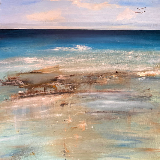 semi abstract oil painting of se and beach seascape art expressive artwork of ocean and seagulls wet sand summer shore art