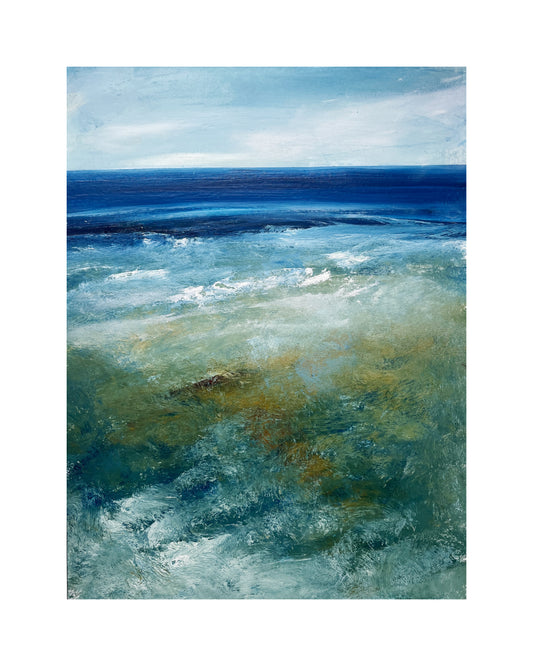 Expressive seascape painting on paper with mount abstract landscape art contemporary artwork semi abstract beach scenic ocean wall decor atmospheric waves wall decor deep blue waves