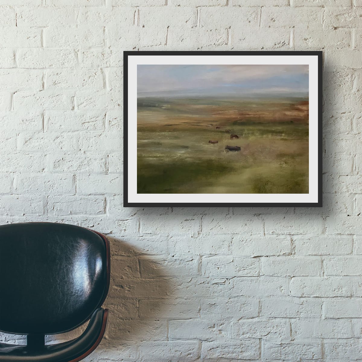 Painting of a landscape with cows in a field