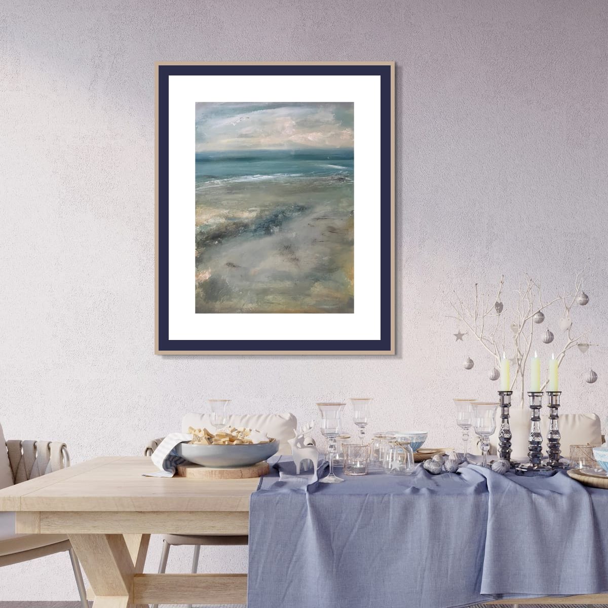 Seascape oil painting mounted art beach and sea waves ocean foam