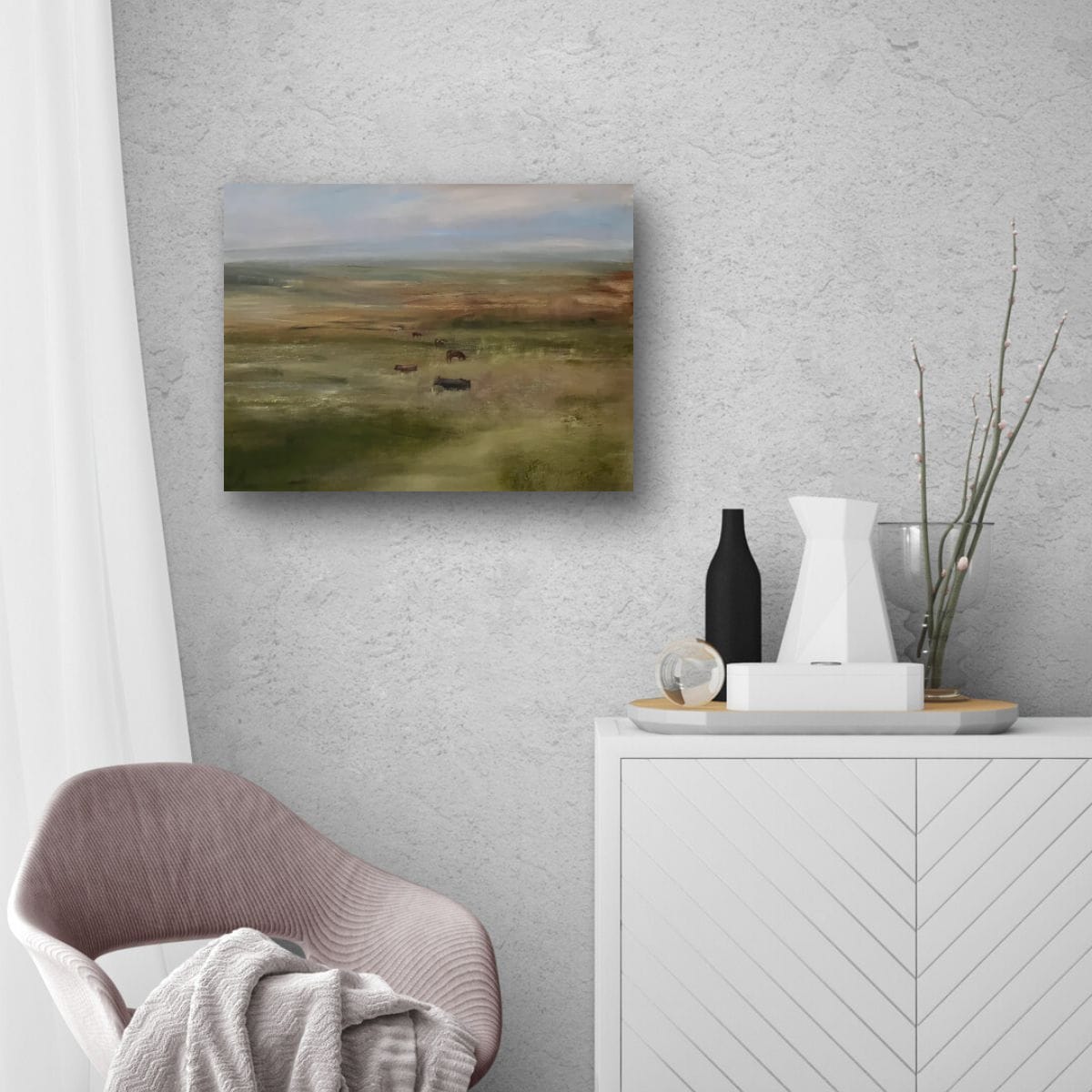 Room interior with a painting of a landscape on the wall, a chair, and a cabinet with decorative items.