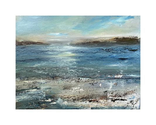 art oil on canvas board seascape ocean artwotk modern painting of island and waves and beach sunset