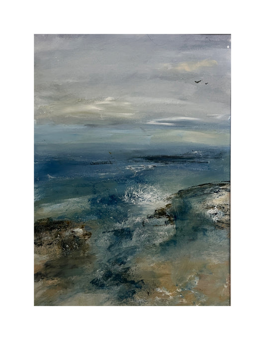 bright blue seascape art painting of beach a colourful ocean artwork on paper with mount jade green sea expressive contemporary semi abstract seascape atmospheric art