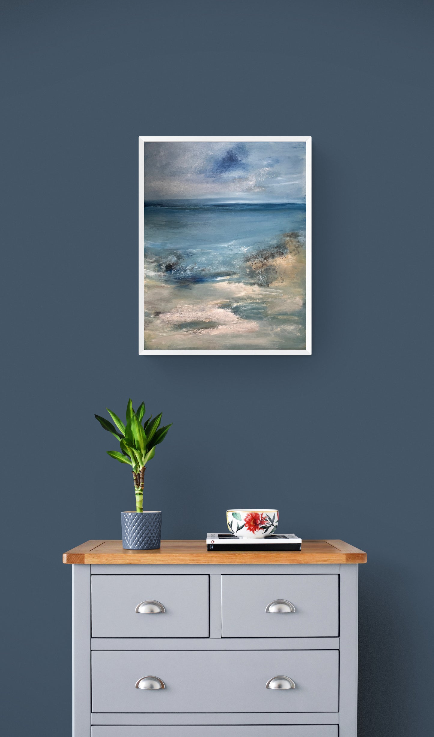 semi abstract seascape painting oil on canvas art blue and beach ocean artwork contemporary wall decor