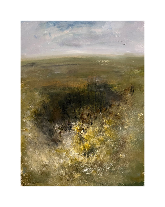 Dartmoor oil on paper mounted art landscape painting green natural artwork