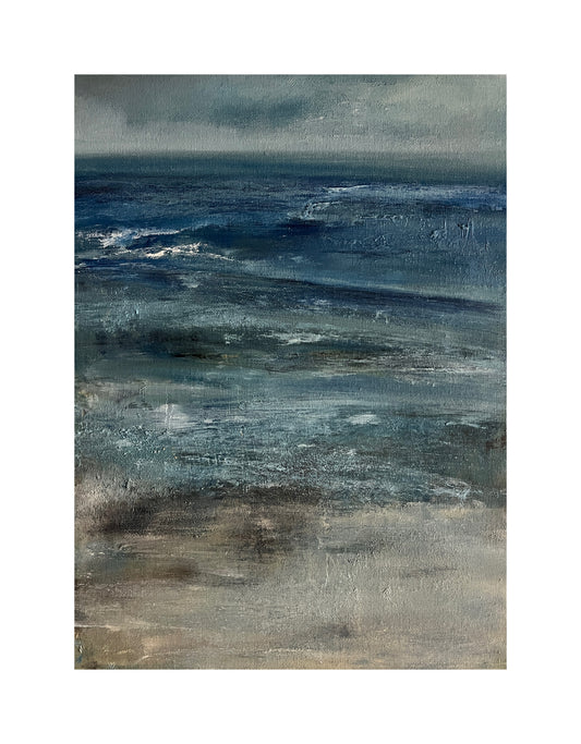 art oil on canvas board seascape ocean artwotk modern painting
unframed ark blues and neutral beach tones art wit sky and cloud waves at low tide expressive semi abstract seascape art