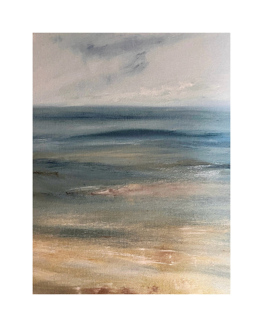 beach painting seascape artwork of sand and sea and ocean waves art oil painting on canvas board atmospheric and expressive seascape unframed art shown in a frame