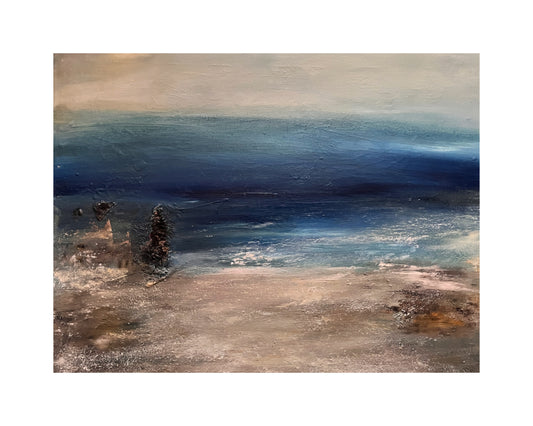 aart oil on canvas board seascape ocean artwotk modern painting of island and waves and beach sunset unframed cavas art large painting with dark blue waves and neutral beach tones mixed media art