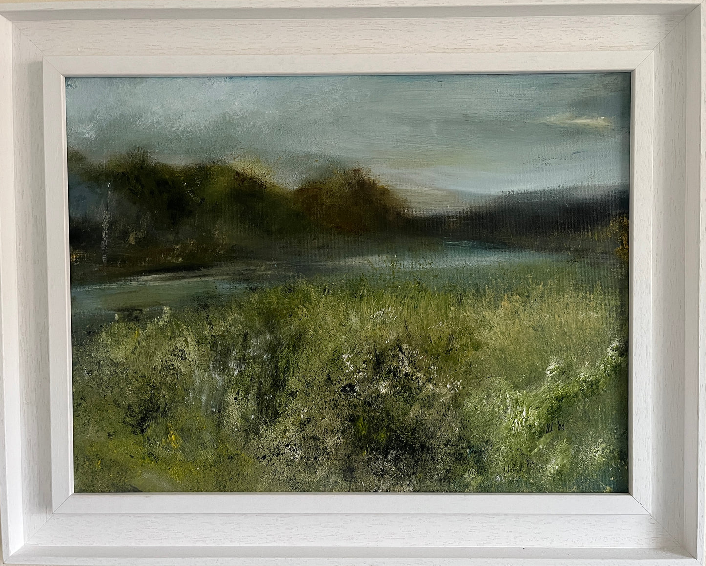 oil on canvas landscape painting of meadow lake trees country art original artwork handmade contemporary wall decor 
