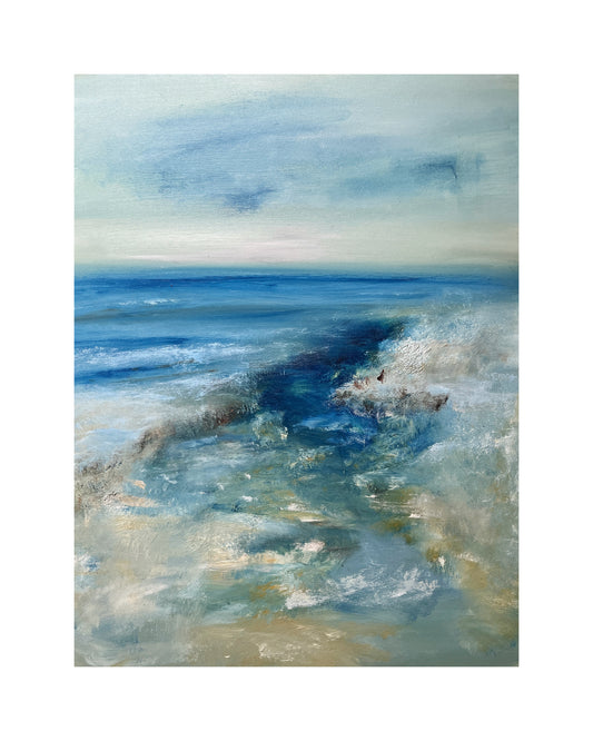art oil on canvas board seascape ocean artwork modern painting in white plastic floater frame vivid blue beach sand modern art