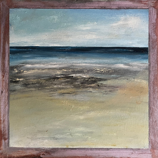 A square framed painting of a calm sea and sandy shore, with a weathered reddish-brown wooden frame around the artwork.