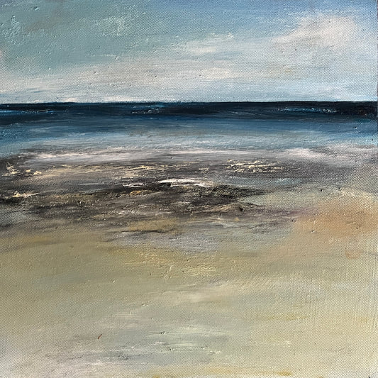 An abstract impressionistic painting of a beach or coastal scene, with a pale blue sky, dark blue water, and sandy beige foreground with textured brushstrokes.