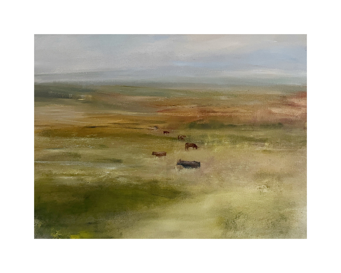 Painting of a landscape with cows in a field