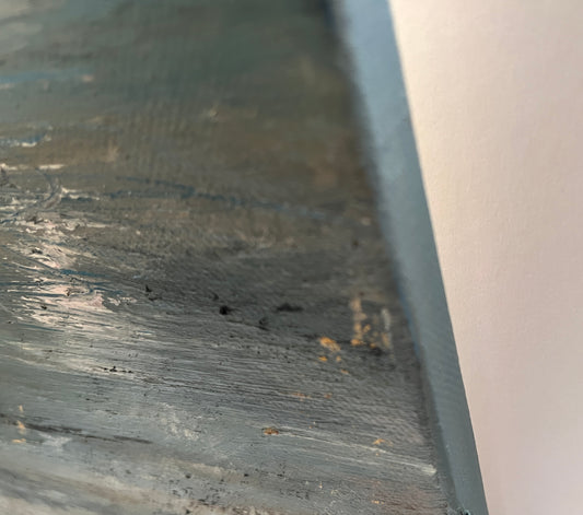 side view
oil on canvas seascape painting of the Isles of Scilly
island and beach and ocean at low tide cool blues with neutral hues of sand with islands in the distance