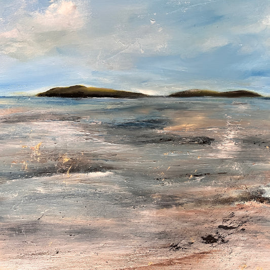 oil on canvas seascape painting of the Isles of Scilly
island and beach and ocean at low tide cool blues with neutral hues of sand with islands in the distance