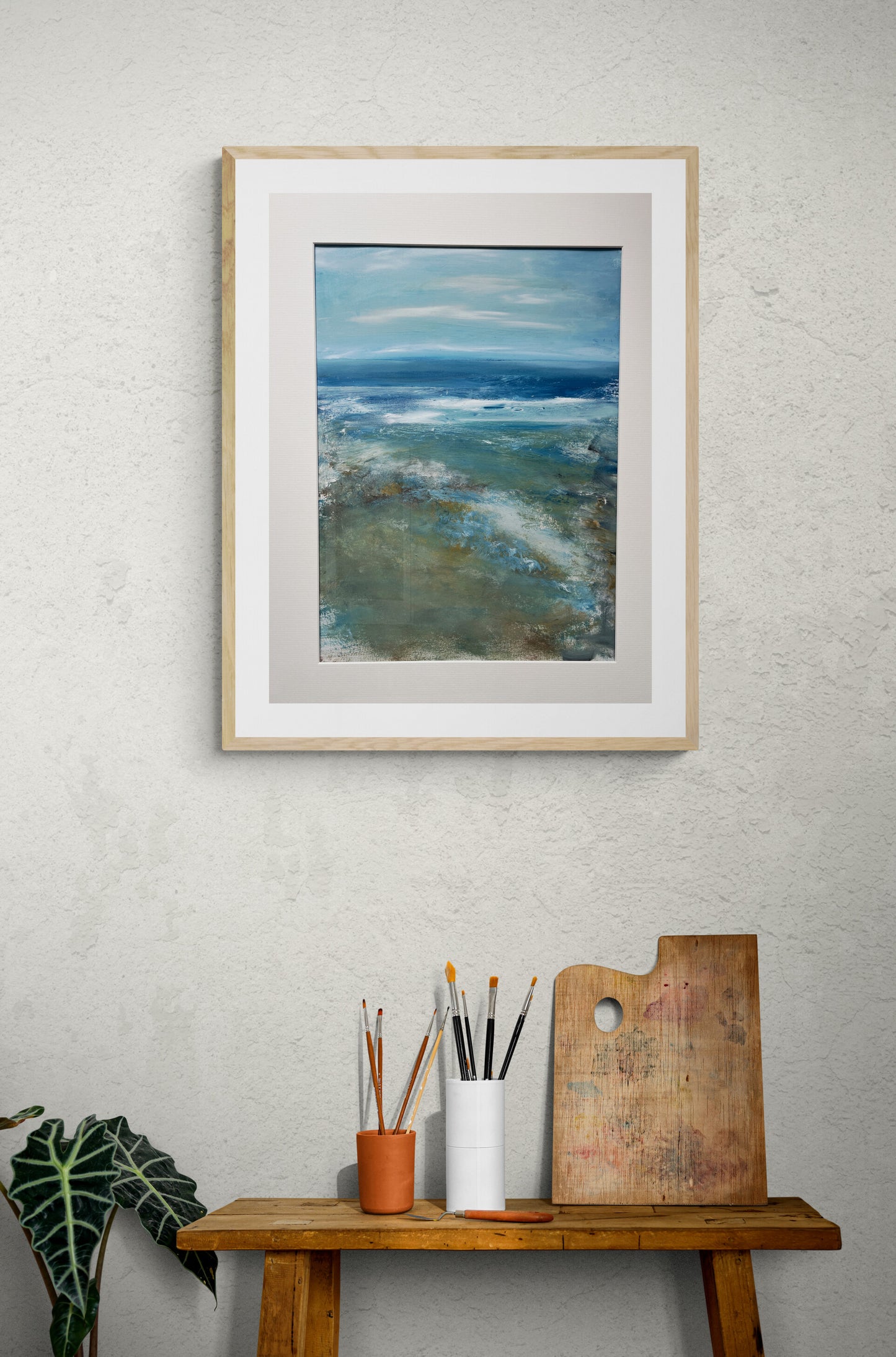 Expressive seascape painting on paper with mount abstract landscape art contemporary artwork semi abstract beach scenic ocean wall decor atmospheric waves wall decor deep blue waves art in a room