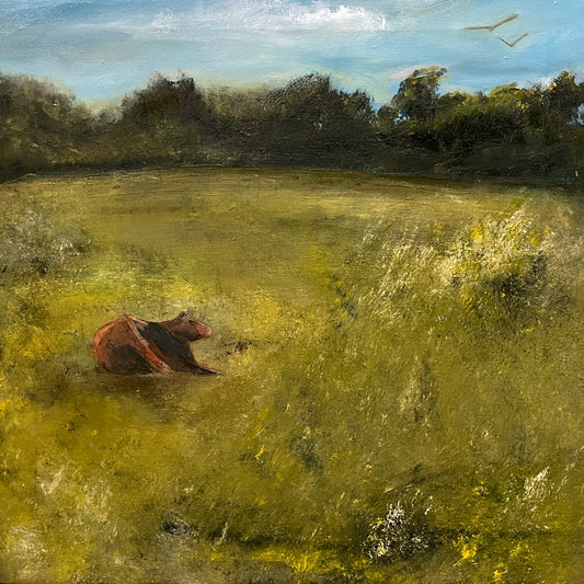 oil on canvas painting of a cow in a meadow on a summer's day, landscape artwork