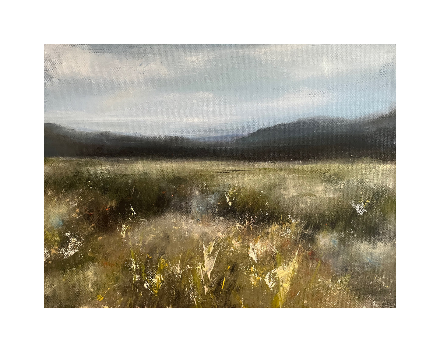 Painting of a landscape with fields and mountains under a cloudy sky