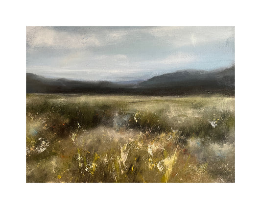 Painting of a landscape with fields and mountains under a cloudy sky