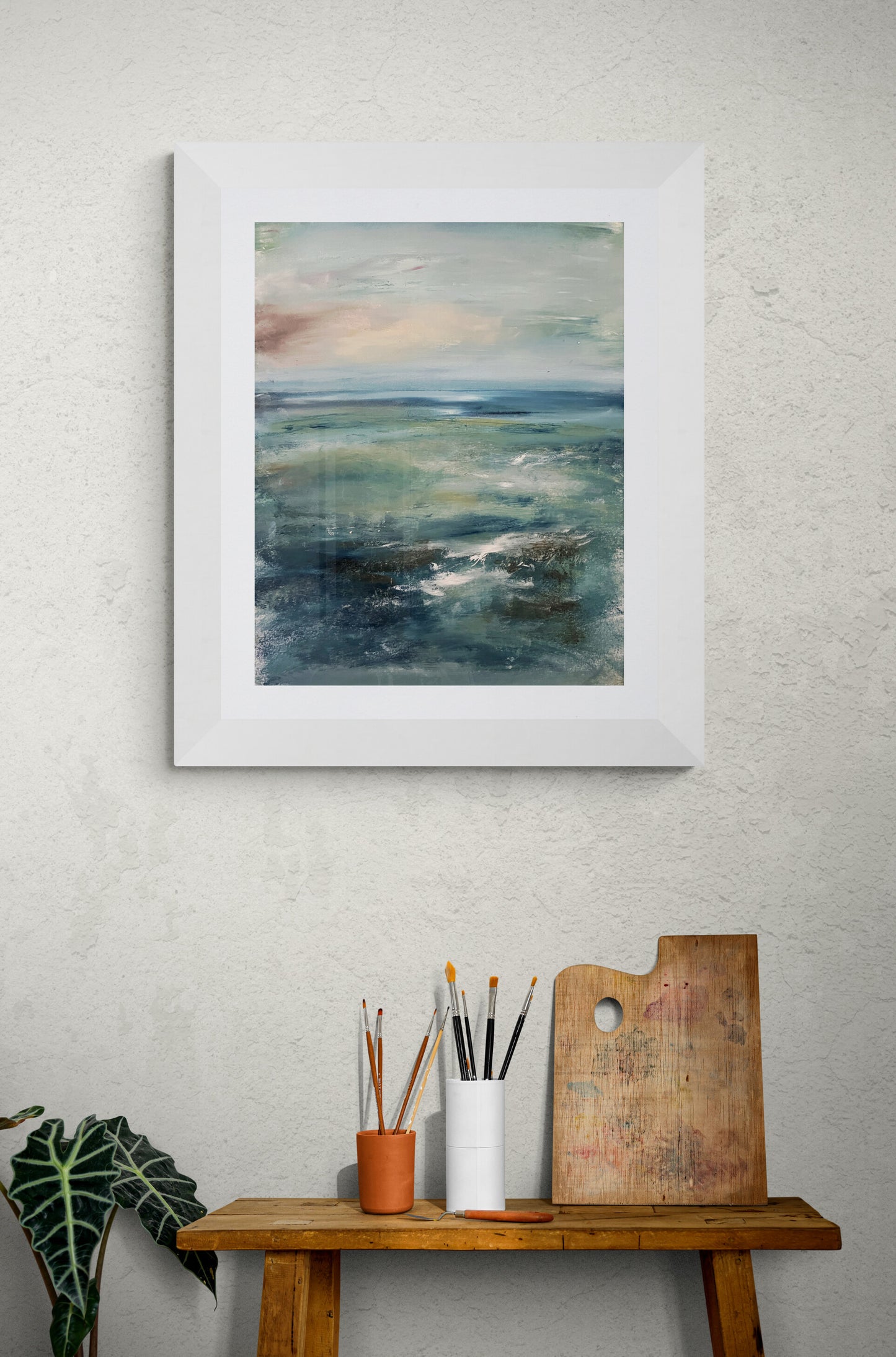 Expressive seascape painting on paper with mount abstract landscape art contemporary artwork