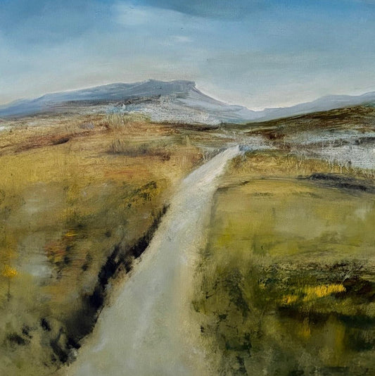 Painting of a landscape with a dirt path leading towards a distant mountain.