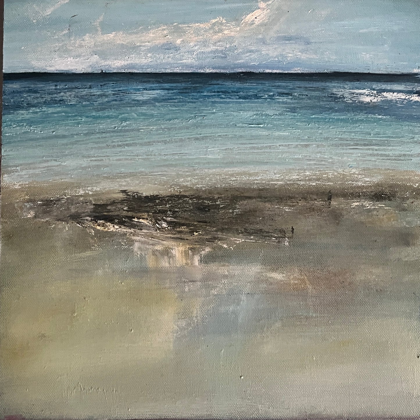 An abstract landscape painting of an ocean scene, featuring textured brushstrokes of blue water, a pale sky, and a sandy beige shoreline.