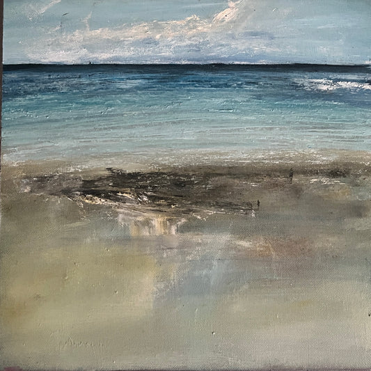 An abstract landscape painting of an ocean scene, featuring textured brushstrokes of blue water, a pale sky, and a sandy beige shoreline.