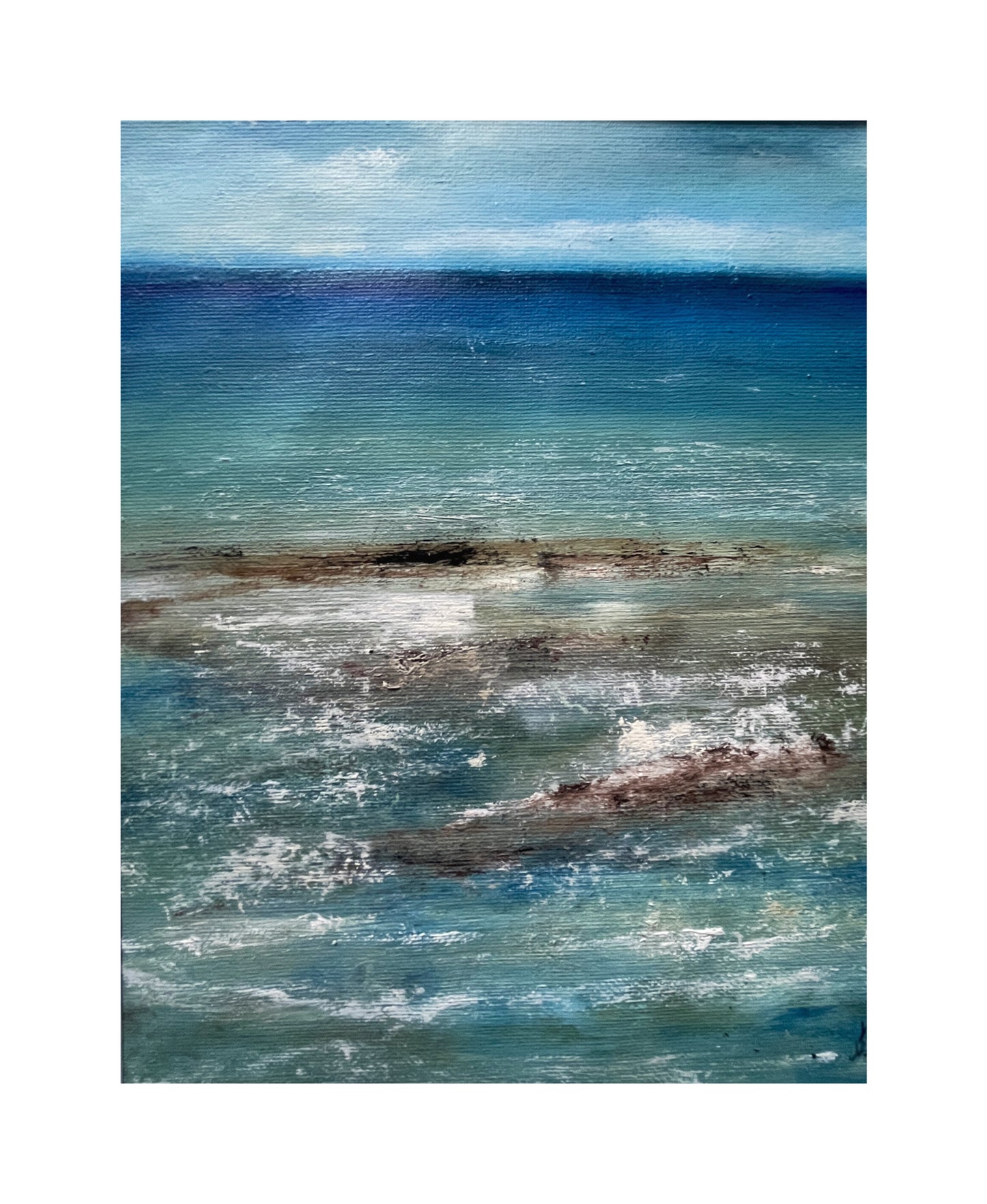 Artistic depiction of a coastal scene with blue water and rocks.