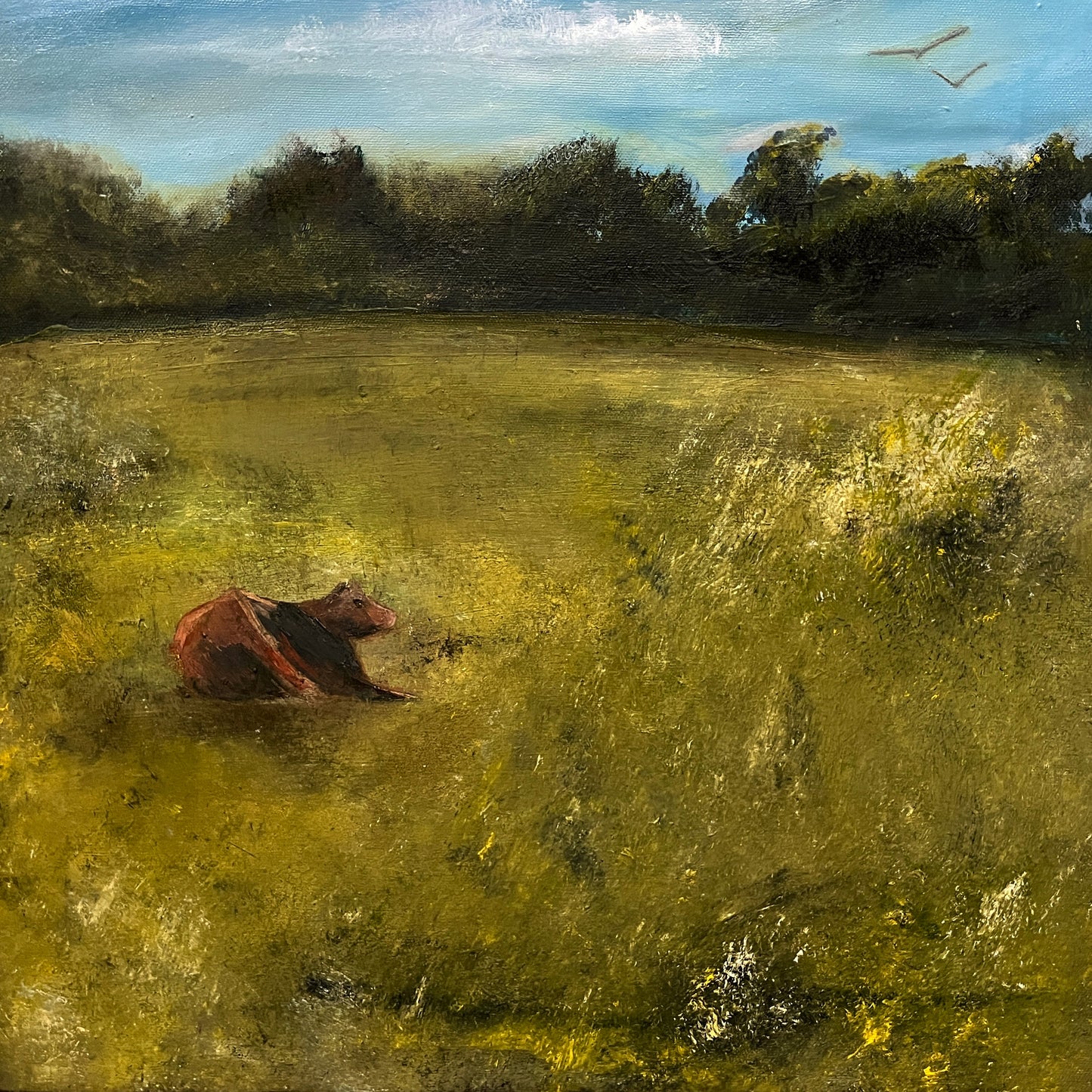 oil on canvas painting of a cow in a meadow on a summer's day, landscape artwork