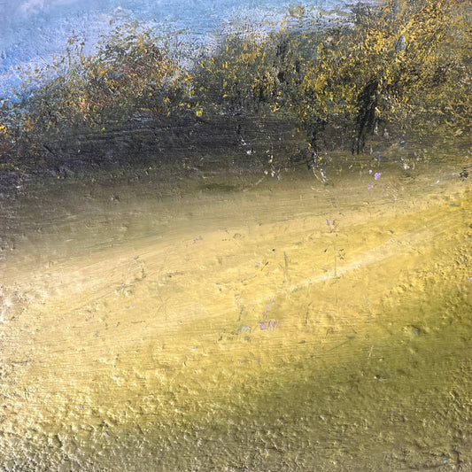 oil on canvas painting original art of summer meadow grass and trees and blue sky