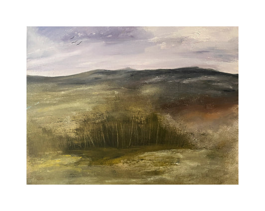 Abstract landscape painting with earthy tones and a cloudy sky.