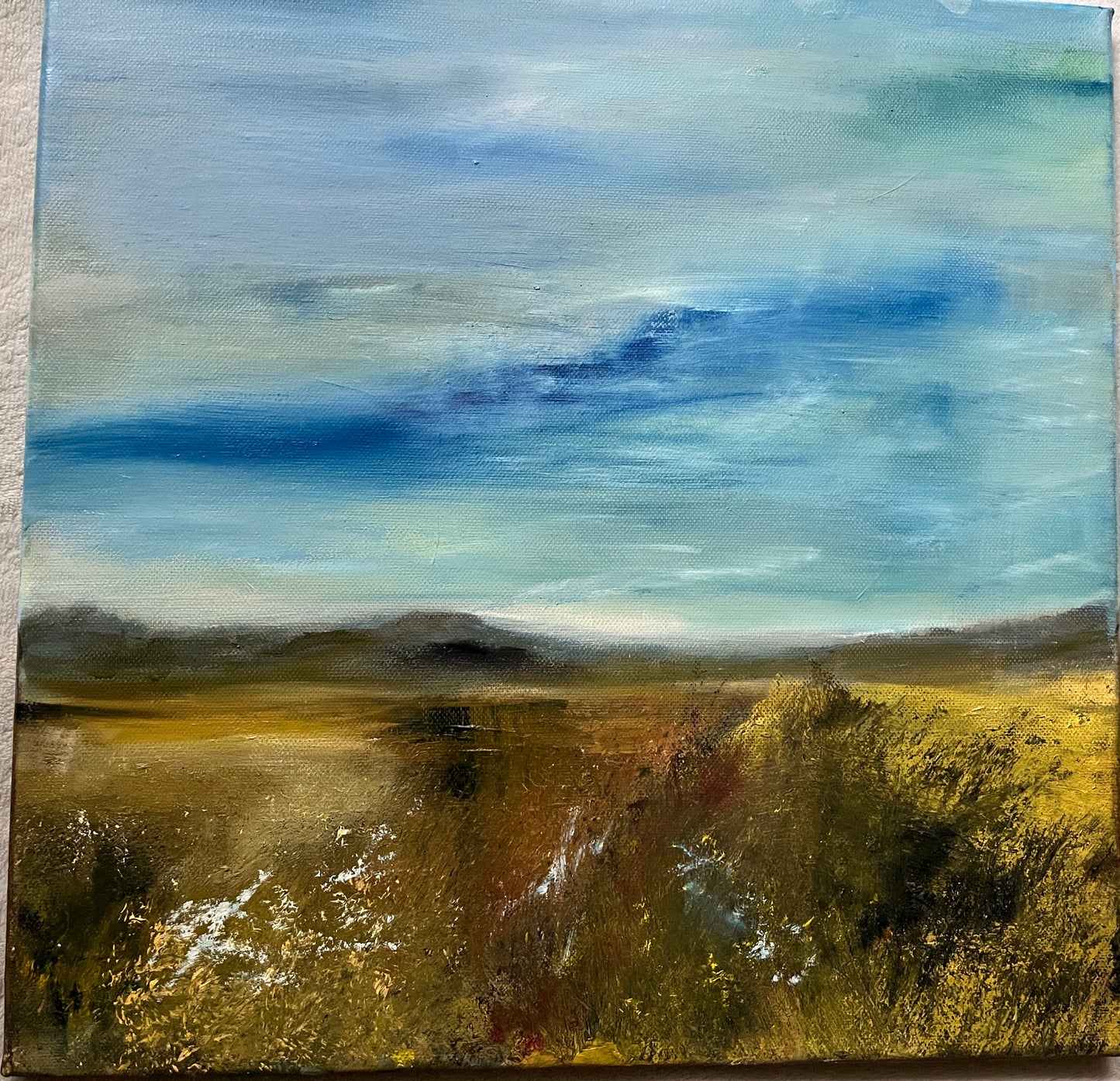 andscape oil painting on canvas of mountains and a meadow blue sky country art original artwork