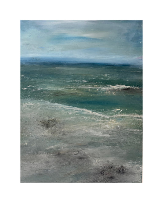 bright blue seascape art painting of beach a colourful ocean artwork on paper with mount jade green sea expressive contemporary semi abstract seascape