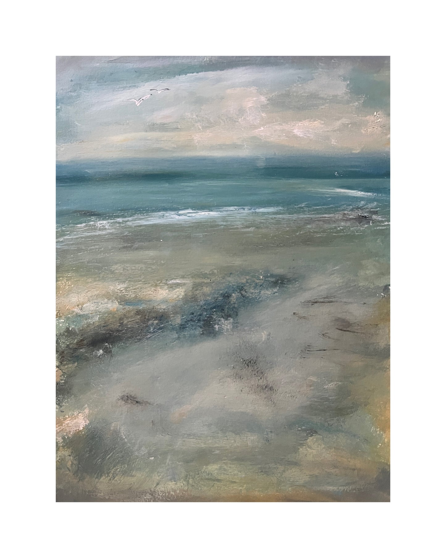 Seascape oil painting mounted art beach and sea waves ocean foam