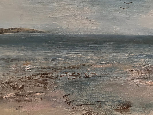 Isles of Scilly art oil on canvas board painting of island ocean and beach in summer vacation with seagulls expressive artworks