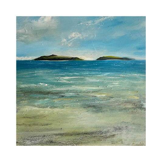 Painting of a coastal scene with two islands and a blue sky.