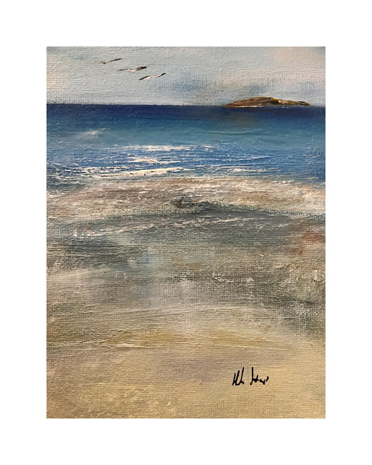 Isles of Scilly art oil on canvas board painting of island ocean and beach in summer vacation with seagulls expressive artworks