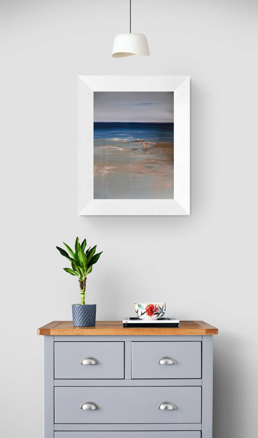 seascape art oil paint on canvas artwork of ocean and beach and gulls atmospheric expressive painting