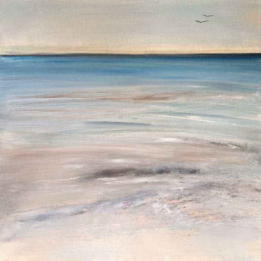 seascape art oil paint on canvas artwork of ocean and beach and gulls atmospheric expressive painting