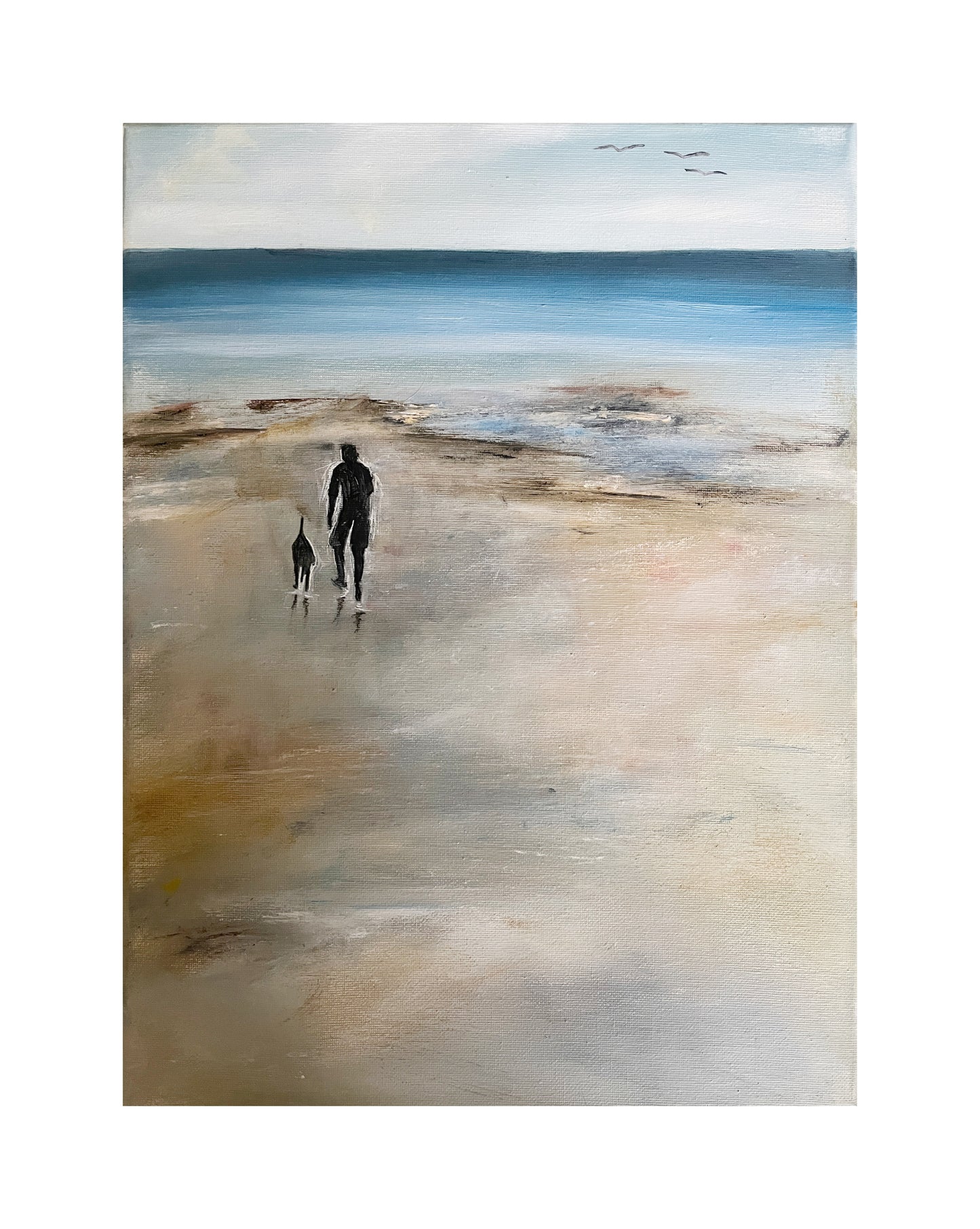 oil on canvas painting of man and dog walking on beach, on of a kind, unique and original art. Expressive artwork of ocean and sand