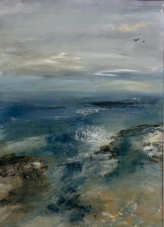 bright blue seascape art painting of beach a colourful ocean artwork on paper with mount jade green sea expressive contemporary semi abstract seascape atmospheric art main picture