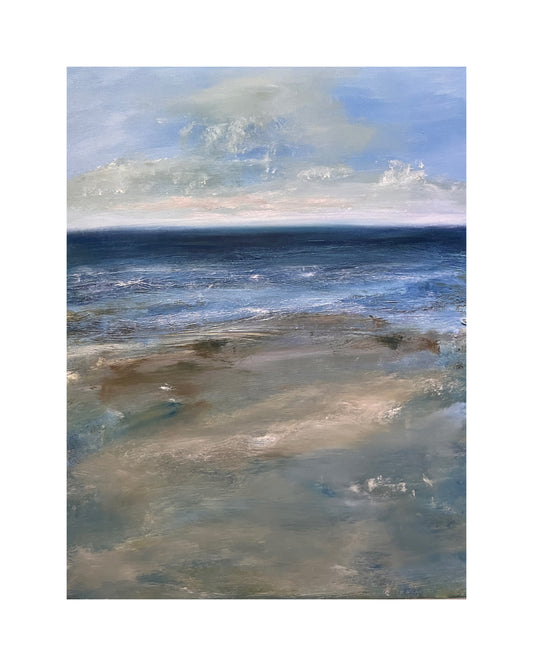 art oil on canvas board seascape ocean artwotk modern painting
with floater frame dark blues and neutral beach tones art wit sky and cloud waves at low tide