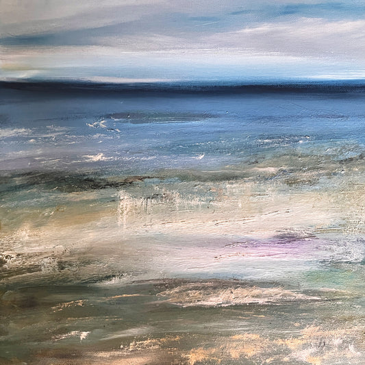 semi abstract seascape oil painting on canvas art contemporary artwork
deep blue blended with lighter hues and warm neutral sand tones expressive artwork modern art of beach and sea side view