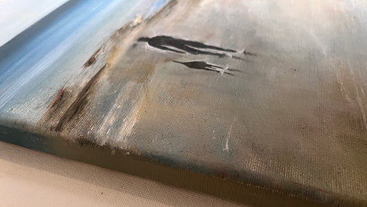 oil on canvas painting of man and dog walking on beach, on of a kind, unique and original art. Expressive artwork of ocean and sand