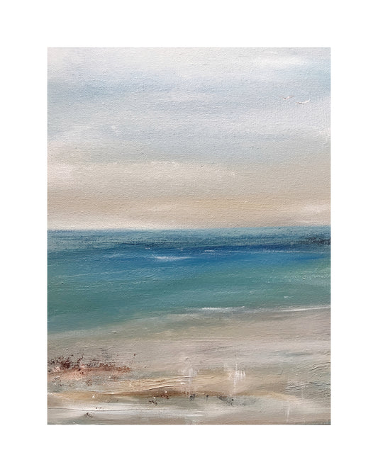 bright blue seascape art painting of beach a colourful ocean with neutral beach tones with sunset canvas board unframed artwork expressive semi abstract