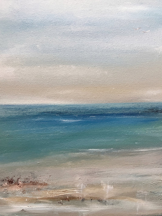 bright blue seascape art painting of beach a colourful ocean
bright blue seascape art painting of beach a colourful ocean with neutral beach tones with sunset canvas board unframed artwork expressive semi abstract main view